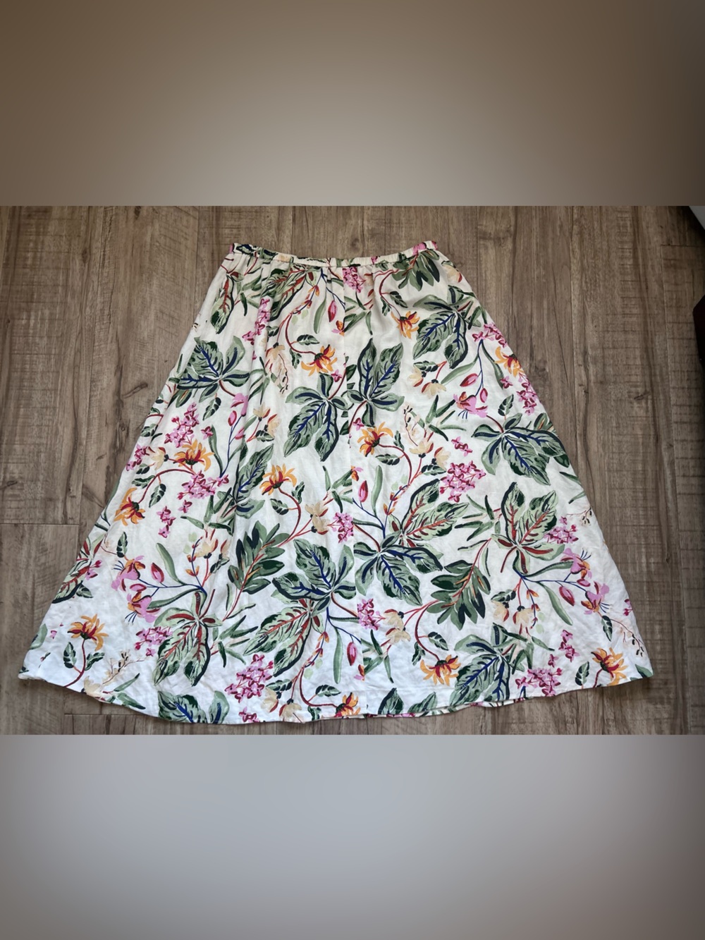 Linen blend Floral A-Line Midi Skirt in Cream with Green & Pink Floral Print - Picture 6 of 7